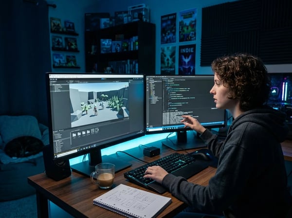 Indie game developer at workstation