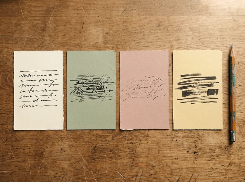 木の机の上に色の違うインデックスカードが4枚並び、ラベルで分かれた歌詞の下書きを表しています