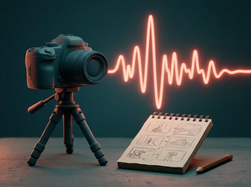 A camera on a tripod beside a notebook with a loose storyboard sketch, and a glowing coral sound waveform stretching across the dark background