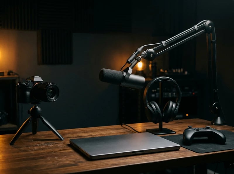 Creator desk with a camera, microphone, headphones and game controller, showing where commercial AI music is published