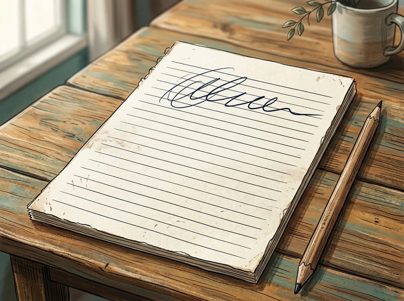 メモ帳に手書きのフックが一行あり、その下の行は空白です