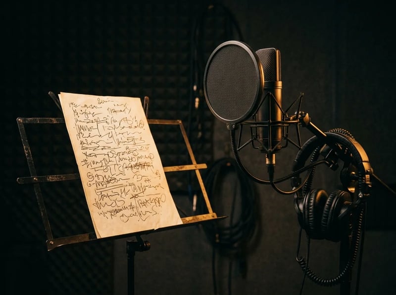 Lyric sheet on a music stand beside a studio microphone, ready to be turned into a full song with vocals