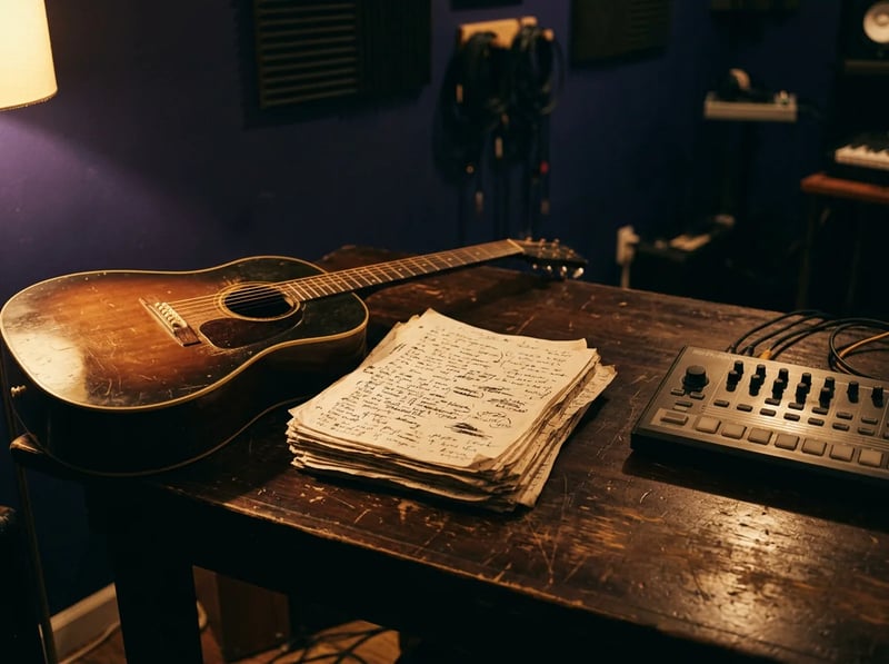 Eine Akustikgitarre und eine Drum Machine auf einem Studiotisch, dazwischen ein Stapel Textseiten