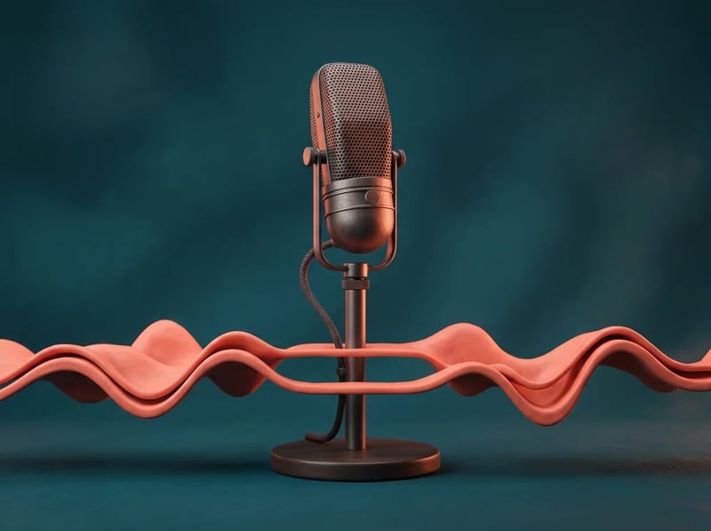 A studio microphone on a stand with a soft coral ribbon of sound waves parting around it