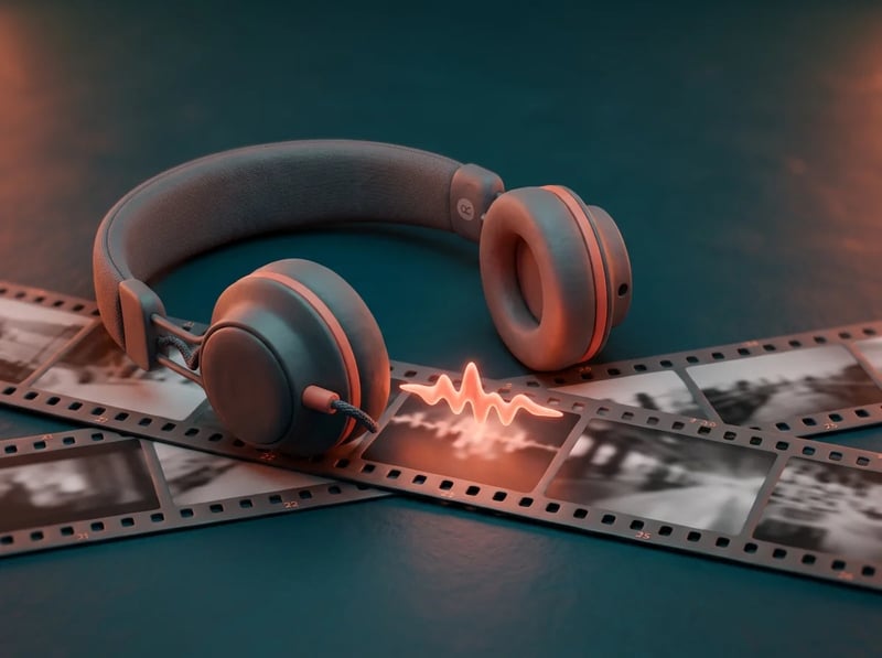 Over-ear headphones resting on a strip of film frames with a small waveform glowing between them