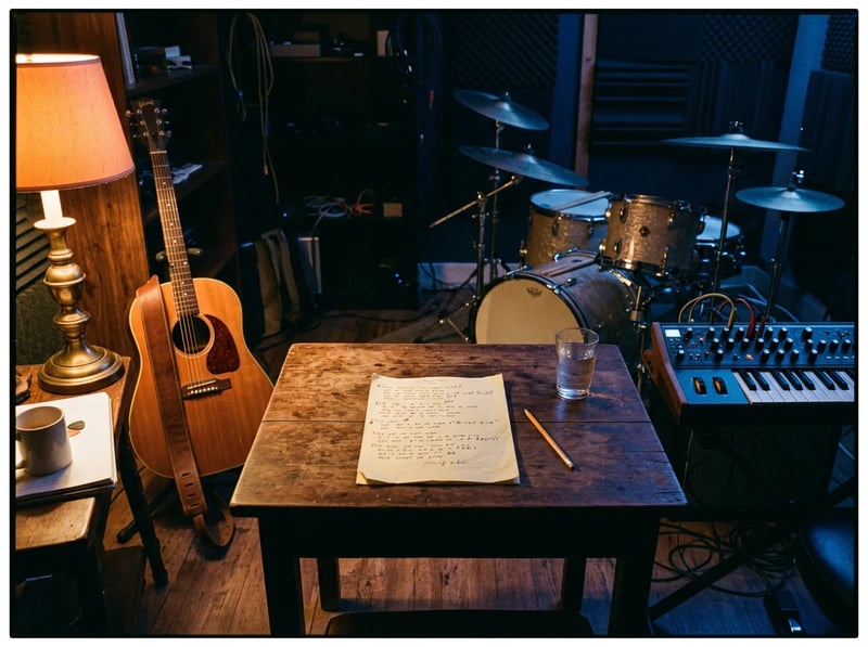 Ein Textblatt auf einem Studiotisch zwischen einer Akustikgitarre, einem Schlagzeug und einem Synthesizer