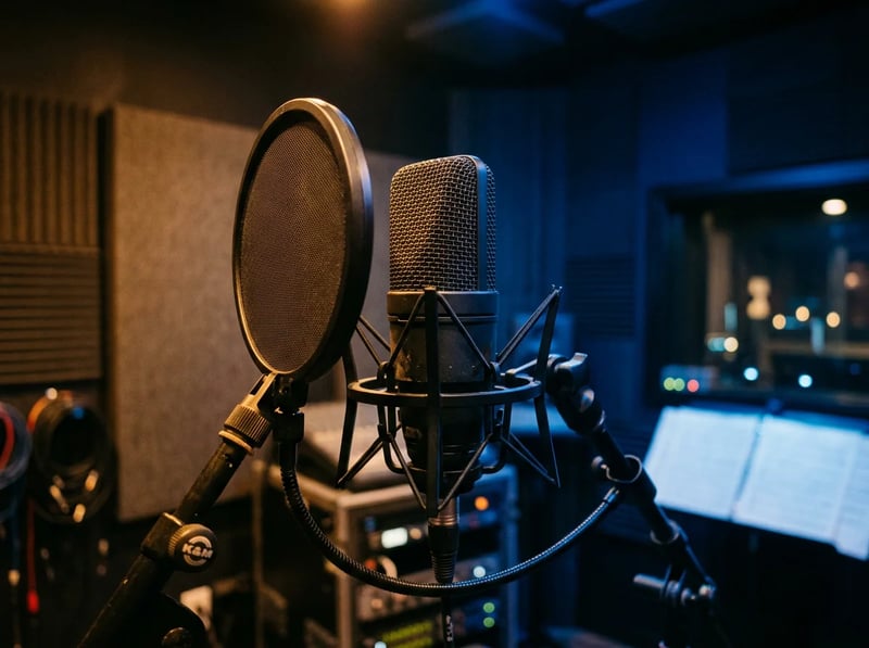 Nahaufnahme eines Studiomikrofons mit Popfilter in einer dunklen Aufnahmekabine