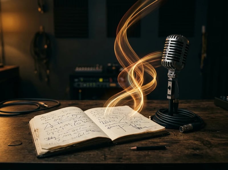 Open notebook with handwritten pages and a microphone, sound waves rising from the paper as text becomes a song